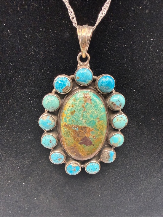925 Sterling Silver Jewelry - 925 Sterling Silver XL Turquoise Oval Pendant Cluster Necklace on 18” Chain